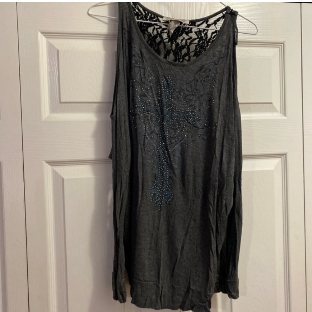 Gorgeous Cowgirls & Diamonds Gray Cold Shoulder Top With Lace Detail And Bling